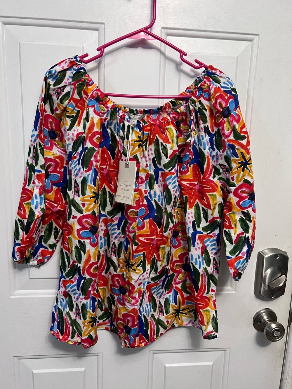 Hester & Orchard Linen Blend Floral Blouse XL Coral Multi Off Shoulder NWT
